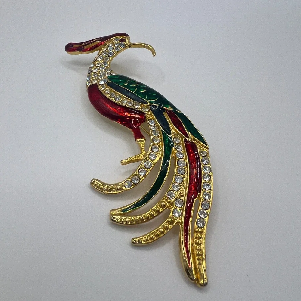 Vintage Phoenix Bird Brooch Gold Tone Red Green Enamel Rhinestone Long Tail Pin